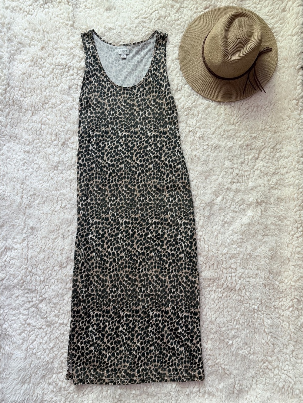 J. Crew Leopard Print Tank Midi Dress Size Small Scoop Neck Side Slits Cotton